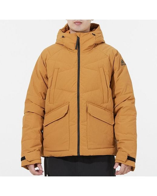 Adidas Brown Big Baffle Jkt Casual Sports Zipper Cardigan Hooded Down Jacket Turmeric for men
