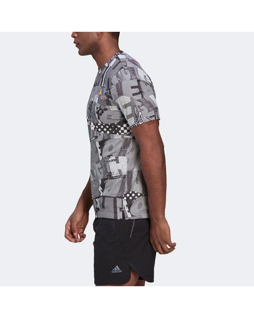 Adidas Gray Splicing Color Block Full Print Sports Gym Short Sleeve T-Shirt for men
