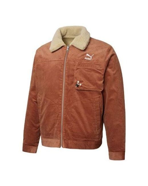 PUMA Brown Cord Embroidered Logo Reversible Corduroy Jacket for men