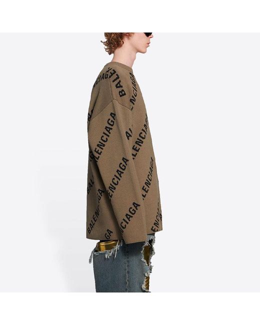 Balenciaga Brown All Over Logo Crewneck Wool Knit Sweater 'Light' for men