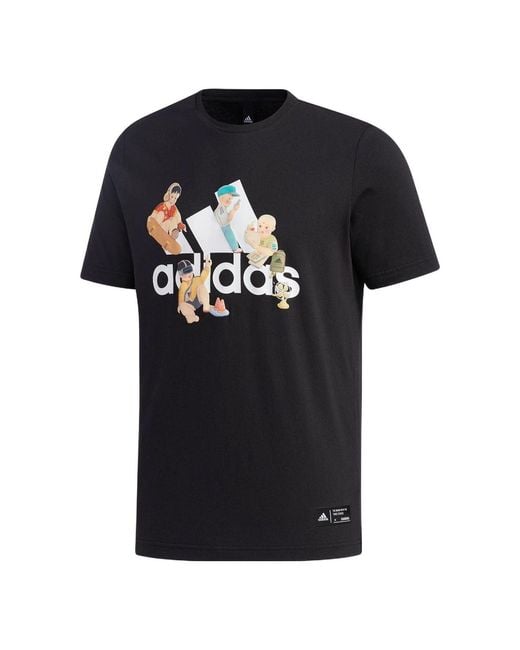 Adidas Black Cartoon Alphabet Logo Printing Round Neck Short Sleeve T-Shirt for men