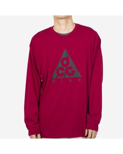 Nike Pink Acg Logo Printing Sports Round Neck Long Sleeves Wine T-Shirt for men
