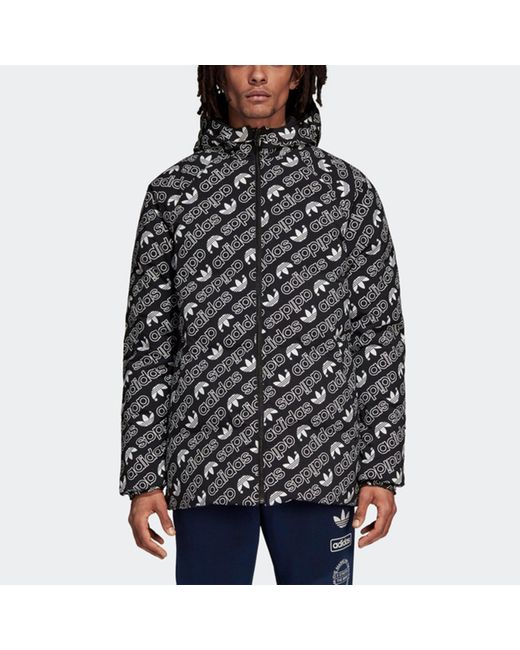 Adidas Gray Originals Monogram Jkt Full Print Logo Reversible Stay Warm Hooded Down Jacket for men