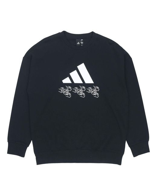 Adidas Blue Logo Applique Hooded Round-Neck Loose Sweater for men