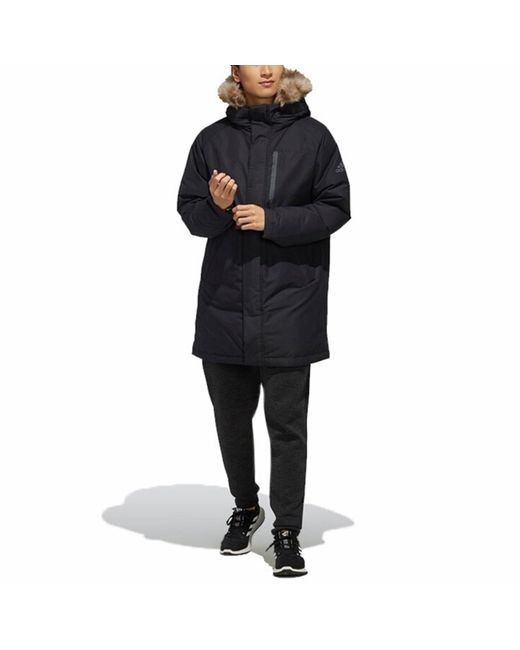 Adidas Blue Utility Down Pk Outdoor Mid-Length Hooded Down Jacket for men