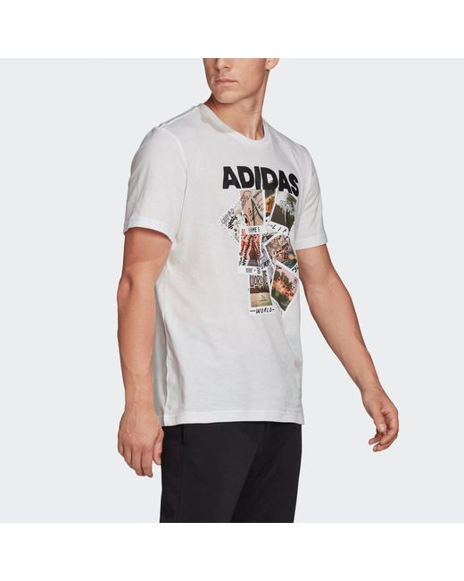 Adidas White Doodle Photos Photo Printing Sports Round Neck Short Sleeve for men