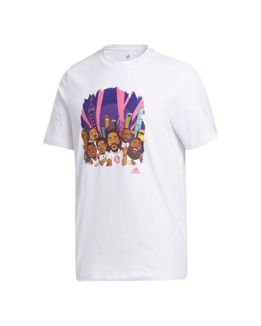 Adidas White Shanghai Tee Cartoon Printing Basketball Sports Short Sleeve for men