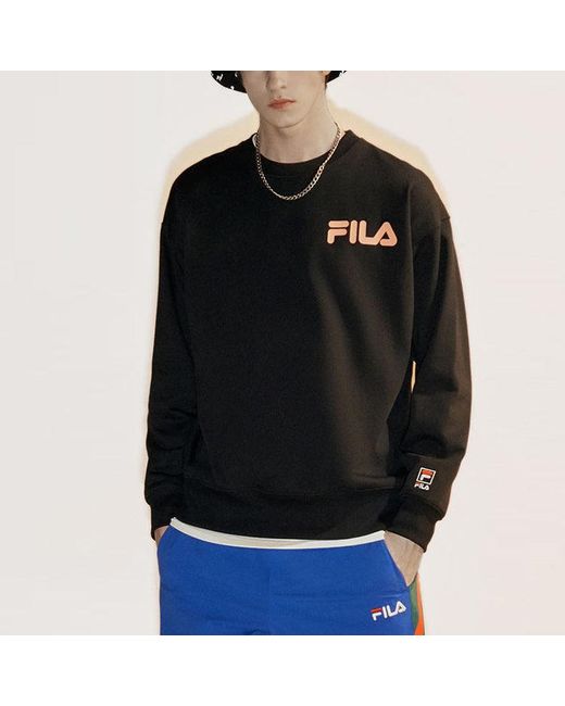 Fila Black Alphabet Logo Printing Sports Round Neck Pullover Couple Style