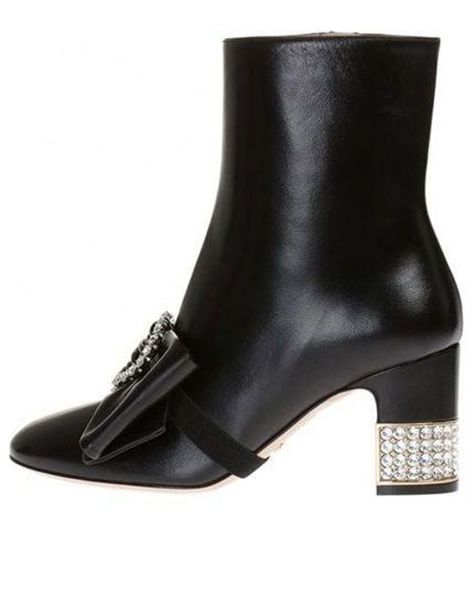 Gucci Black (Wmns) Removable Bow Leather Ankle Boots
