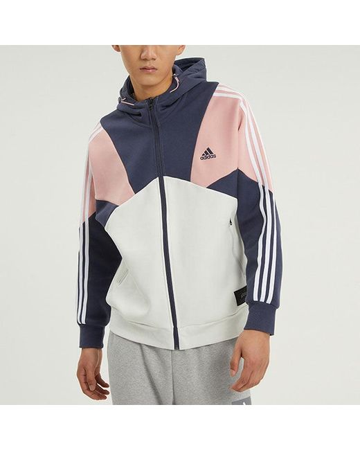 Adidas Blue Logo Printing Contrasting Colors Color Block Hooded Jacket Autumn for men