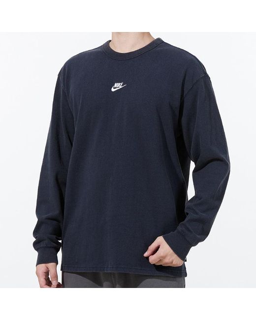 Nike Blue Solid Color Small Logo Round Neck Long Sleeves T-Shirt for men
