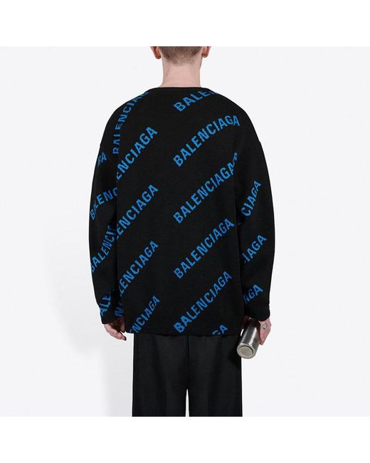 Balenciaga Blue Allover Logo Crewneck Sweater for men