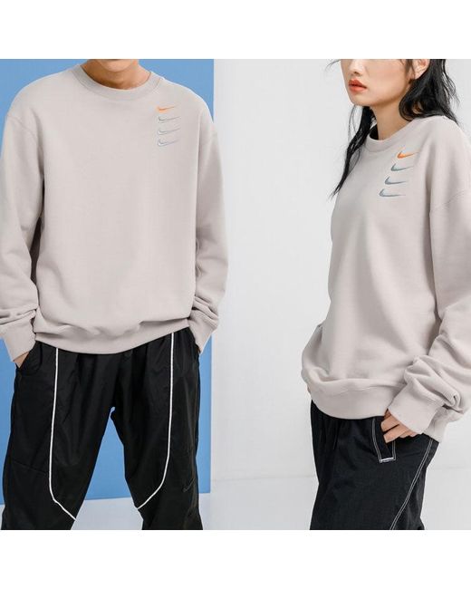 Nike Gray French Terry Swoosh Embroidered Round Neck Sports Pullover Couple Style Light for men