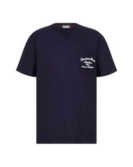 Dior Blue Ss22 Embroidered Plain Weave Knit Short Sleeve T-Shirt for men