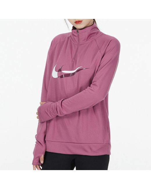 Nike Purple (Wmns) Dri-Fit Half Zipper Quick Dry Reflective Sports Long Sleeves Deep T-Shirt