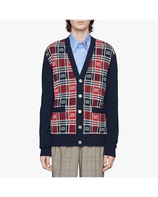 Gucci Blue Gg Checked Jacquard Cashmere Sweater For for men