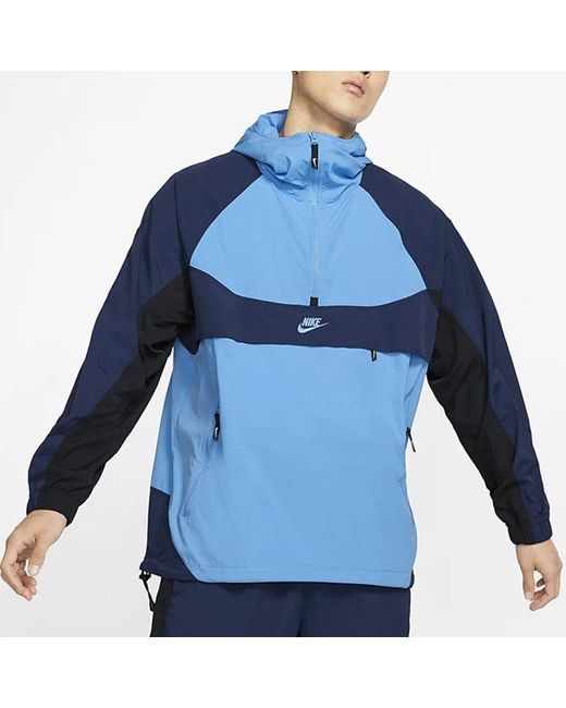 Nike Blue Colorblock Half Zipper Woven Hooded Jacket for men