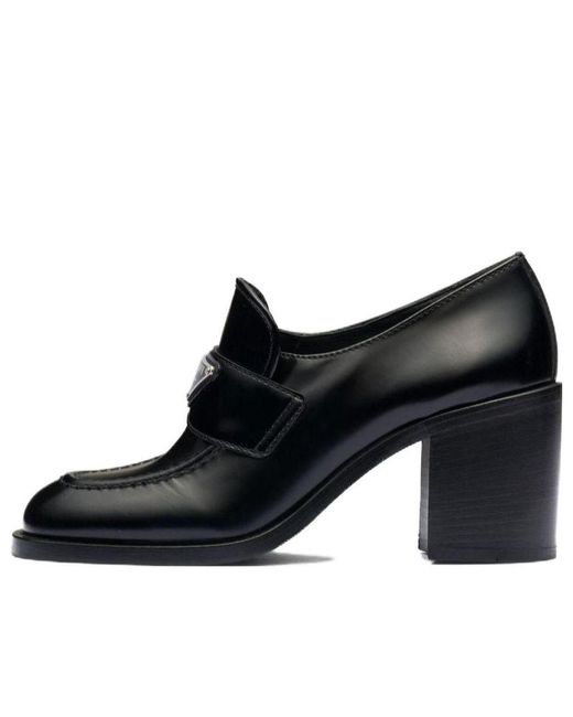 Prada Black (Wmns) Brushed Leather High-Heel Loafers