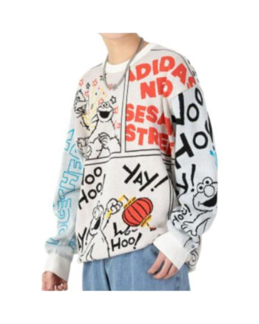 Adidas Multicolor X Sesame Street Crossover Cartoon Alphabet Full Print Round Neck Knitwear Beige for men