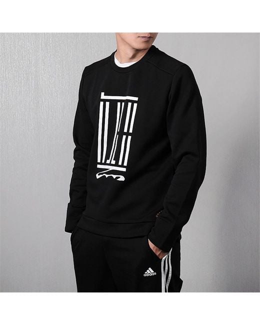 Adidas Black Wj Crew Sroty Printing Pattern Sports Round Neck Pullover for men