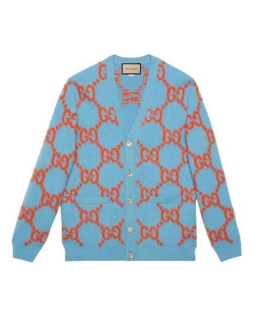 Gucci Blue Wool Cardigan With gg Intarsia for men