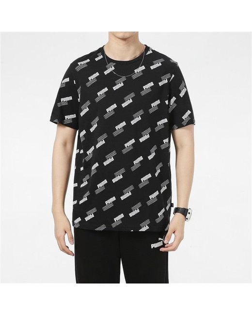 PUMA Black Full Print Logo Round Neck Breathable Round Neck Short Sleeve for men