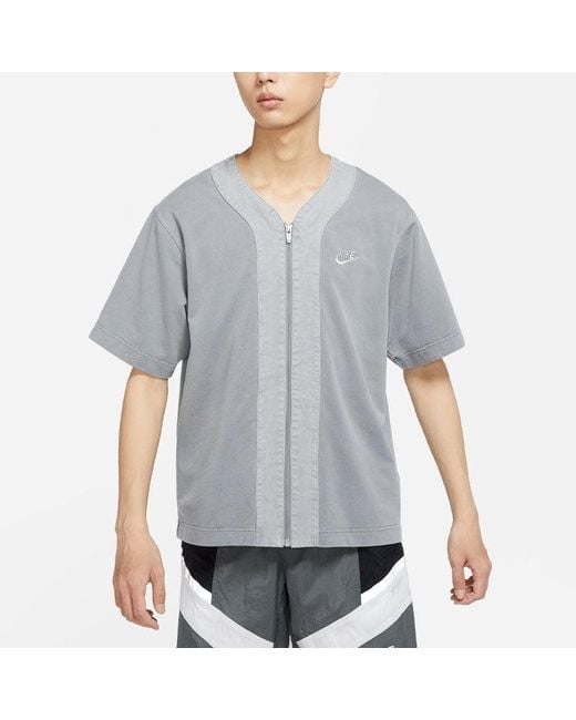 Nike Gray French Terry Loose Logo Splicing Sports Cardigan Short Sleeve T-Shirt for men
