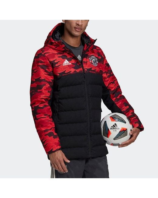 Adidas Red Mufc Manchester United Camouflage Colorblock Sports Hooded Down Jacket for men