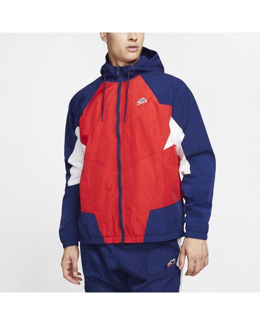 Nike Sportswear Heritage Windrunner Splicing Hooded Woven Logo Jacket Redblue for men