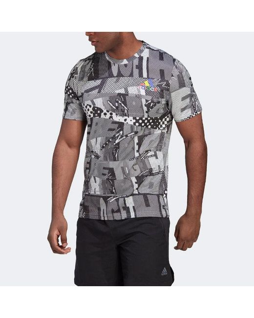 Adidas Gray Splicing Color Block Full Print Sports Gym Short Sleeve T-Shirt for men