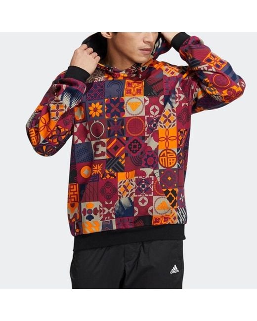 Adidas Red Cny Aop Hood Limited Pattern Sports Bright Fluorescence for men