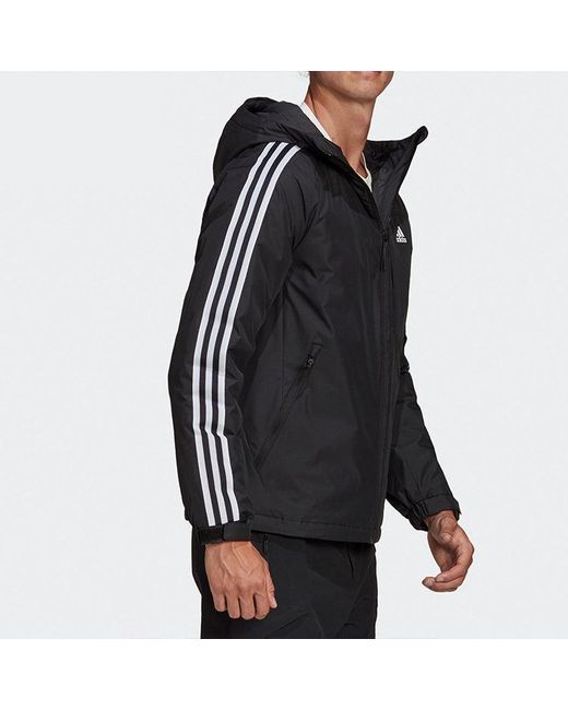 Adidas Black 3St Down Jkt Logo Printing Side Stripe Sports Stay Warm Hooded Down Jacket for men