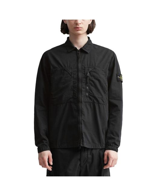 Stone Island Black Brushed Cotton Canvas Zip Shirt Jacket for men