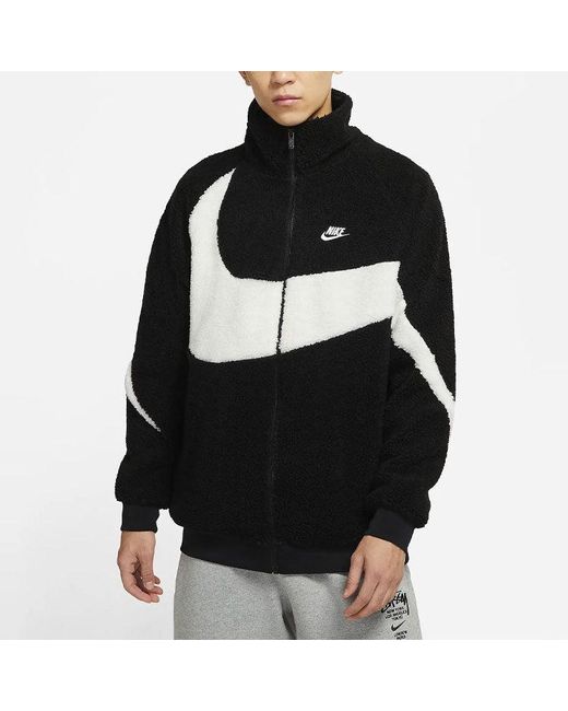 Nike Black Big Swoosh Large Logo Lamb's Wool Stay Warm Stand Collar Jacket for men