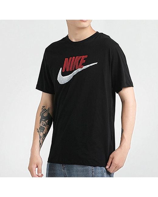 Nike Black Sportswear Logo Printing Round Neck Short Sleeve Obsidian for men