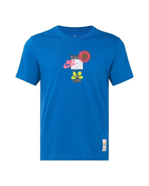 Nike Blue Logo Plant Flowers Pattern Printing Round Neck Casual Short Sleeve Sky T-Shirt for men