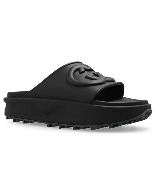Gucci Black Miami Logo-embossed Rubber Sliders for men