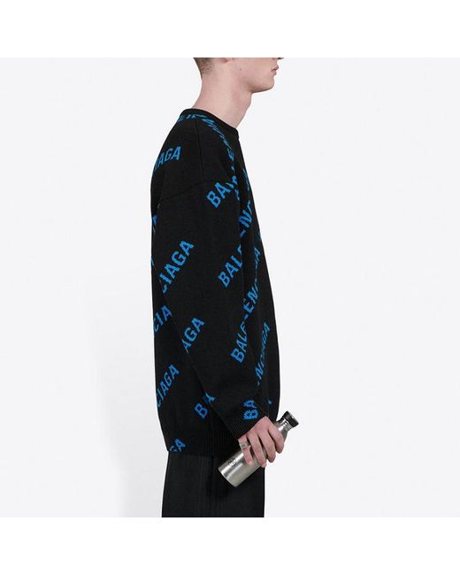 Balenciaga Blue Allover Logo Crewneck Sweater for men
