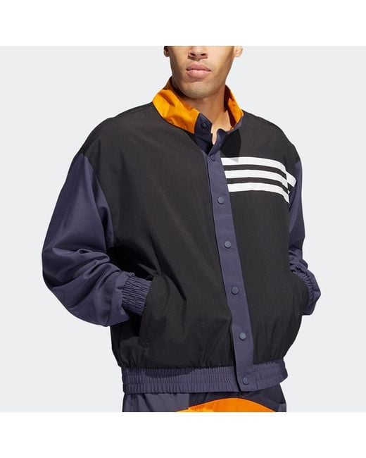 Adidas Blue Bb Snap Jkt Athleisure Casual Sports Breathable Contrasting Colors Knit Stand Collar Jacket for men
