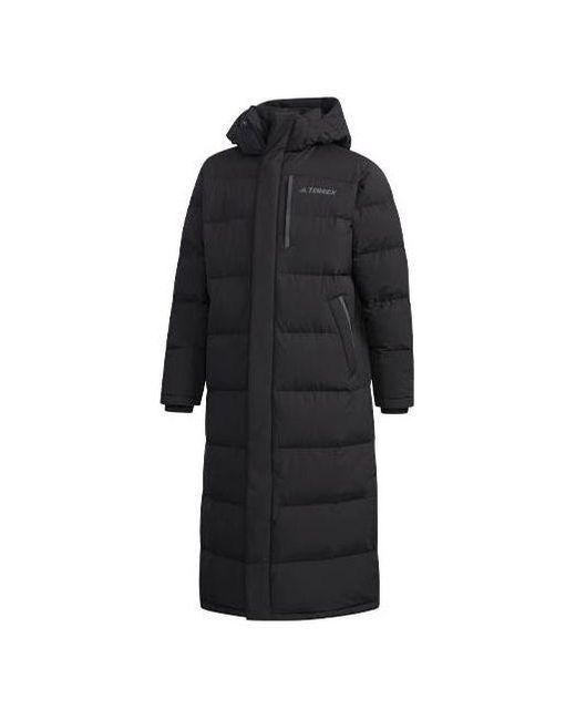 Adidas Black Xplr Dwn Bench Stay Warm Solid Color Mid-Length Hooded Down Jacket for men