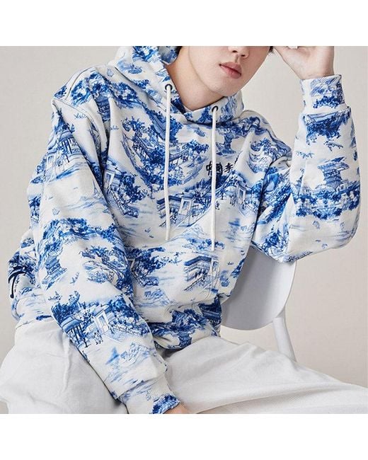 Li-ning Blue Full Print Loose Pullover Hoodie for men
