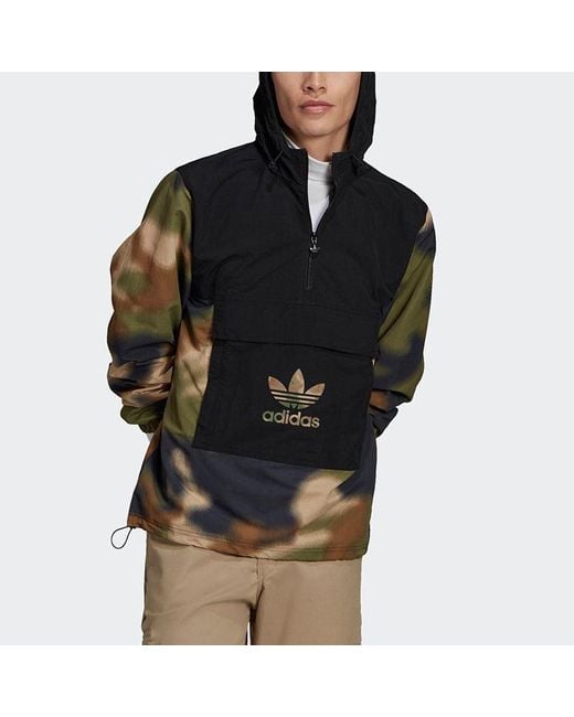 Adidas Black Originals Half Zipper Pullover Hooded Camouflage Printing Jacket for men