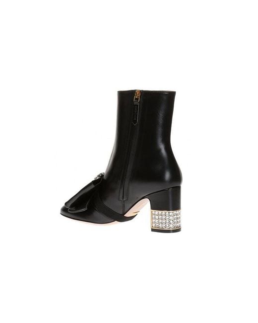Gucci Black (Wmns) Removable Bow Leather Ankle Boots