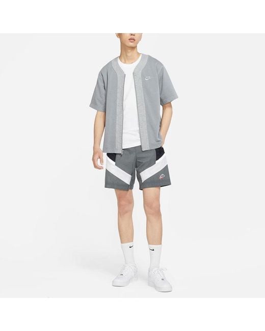Nike Gray French Terry Loose Logo Splicing Sports Cardigan Short Sleeve T-Shirt for men