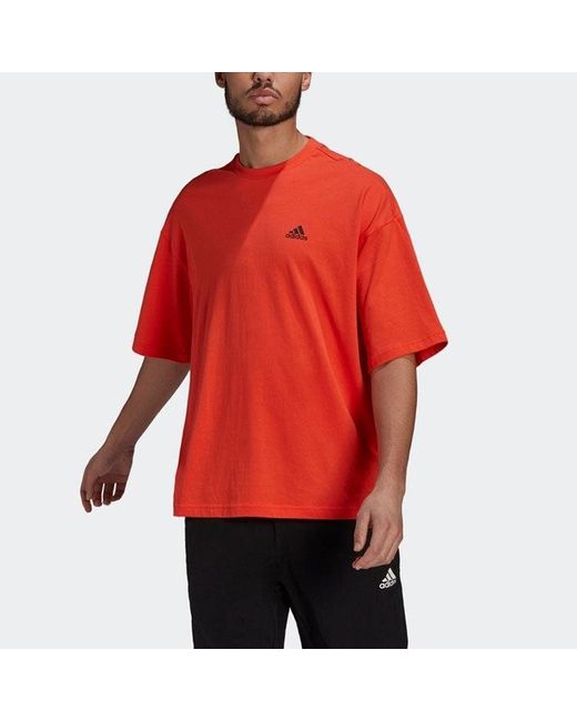 Adidas Red Solid Color Logo Athleisure Casual Sports Round Neck Short Sleeve Couple Style Fluorescence for men