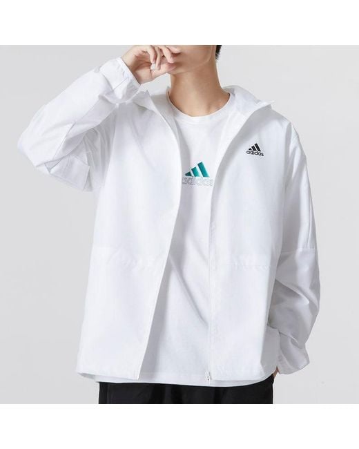 Adidas White Mh Lite Wvjkt Athleisure Casual Sports Hooded Solid Color Woven Jacket for men