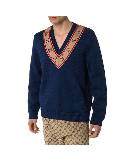 Gucci Blue Gg V-Neck Wool Sweater