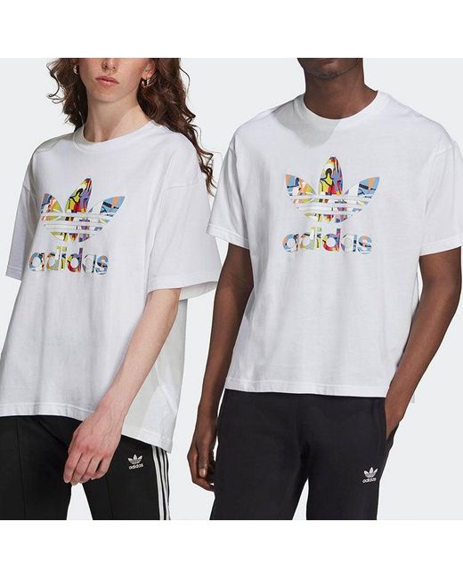 Adidas White Originals Love Unites Tre Casual Breathable Fabric Multi-Color Logo Sport Short Sleeve