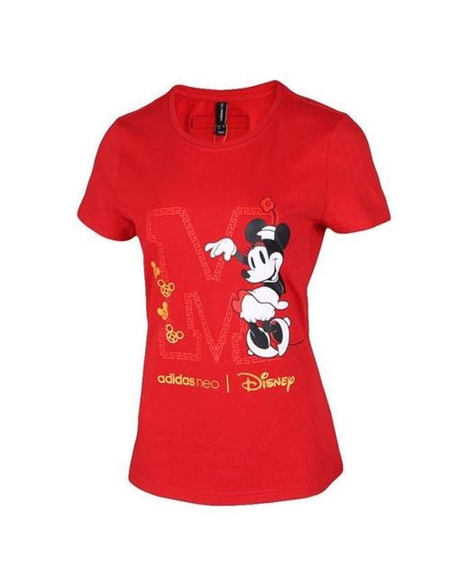 Adidas Red (Wmns) Neo X Disney Mickey Mouse Crossover Casual Sports Round Neck Short Sleeve