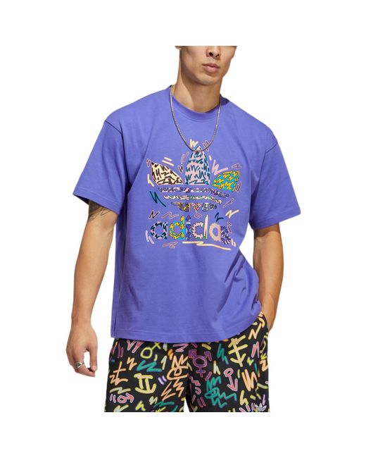 Adidas Purple Originals Large Logo Alphabet Round Neck Casual Sports Short Sleeve Couple Style for men